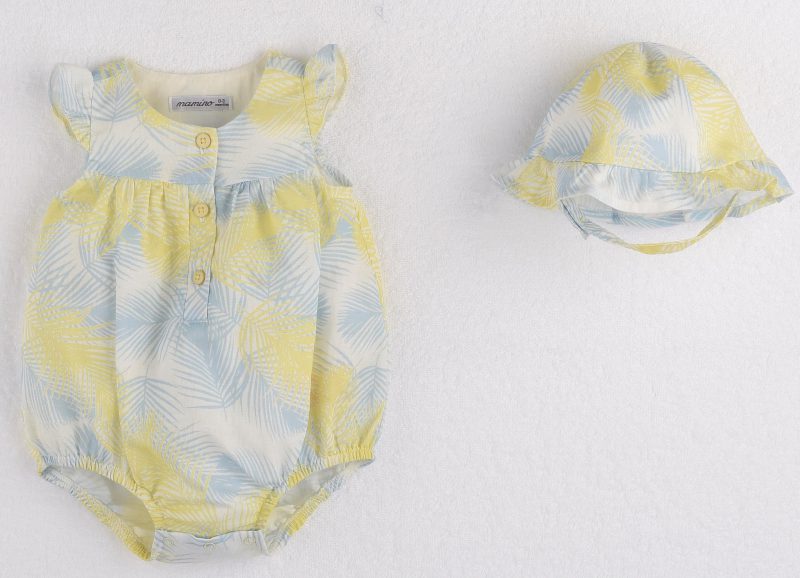 Mamino - Girl- Baby - Lisa - Blue and Yellow - Set of 2 - Sleeveless Romper with hat-5049